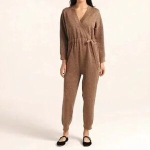 J. Crew Lurex Wrap Sweater Jumpsuit Romper Brown Tan Sparkle Holiday Size XSMALL